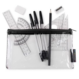 Fashion Stationery Math Set Secondary School Protractor Maths Sets Kids GCSE Geometry Set for Secondary School Small Clear Transparent Exam Pencil Case (Small Clear Black Geo Set)
