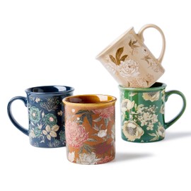 BICETTO Coffee Mugs Set of 4, 12oz Ceramic Tea Cups with Floral Design, Microwaveable, Gift Box, Perfect for Cappuccino, Latte, Hot Chocolate–Tazas Para Café Bonitas (Royal Bloom)