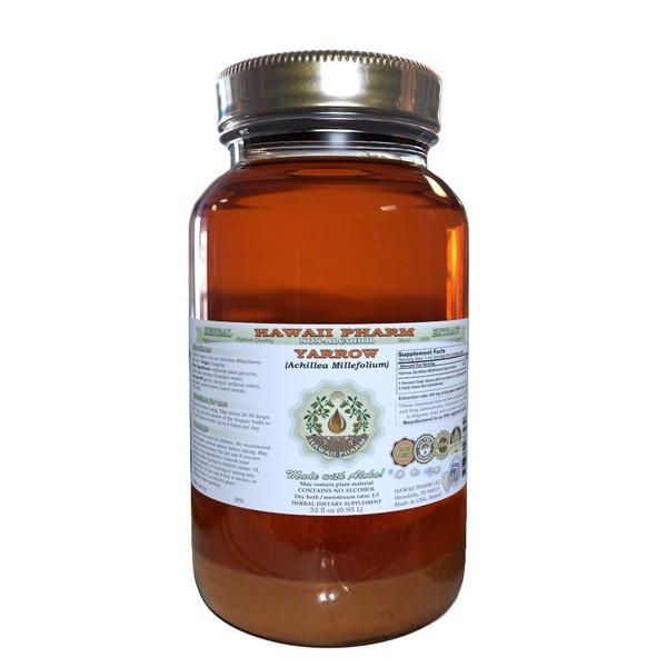 HawaiiPharm Yarrow Alcohol-Free Liquid Extract, Organic Yarrow (Achillea millefolium) Dried Herb Glycerite Natural Herbal Supplement, USA 32 fl.oz