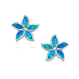 Blue Created Opal Inlay Petals Flower Stud Earrings For Women For Teen .925 Sterling Silver October Birthstone