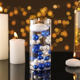 FFUW 10000 Pcs Water Beads 200 Pcs Floating Pearls and 6 Pcs Floating Candles NO Hole Pearl Water Gel Beads for Vases Floating Candles for Centerpieces Home Weddings Table Party Decor(White, Blue)