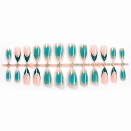 MISUD Press on Nails Medium Almond Fake Nails Glossy Glue on Nails Green Ombre Acrylic Nails Stiletto Artificial Nails French Tip Stick on False Nails with Gold Chrome Star Design 24 pcs