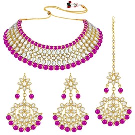 Aheli Faux Kundan Pearl Necklace with Earring Maang Tikka Indian Traditional Bollywood Fashion Jewelry Set Gift for Women