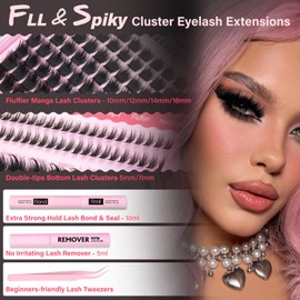 calphdiar Lash Clusters Kit Manga Volume Lash Extension Kit Thick Eyelash Clusters 10-16mm Bottom Lashes Individual Kit Lash Bond and Seal, Lash Remover, Lash Applicator DIY Eyelash Extensions
