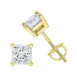 PARIKHS Princess cut Diamond stud Screw Back 14K Yellow Gold (0.20ct, Clarity-I3)