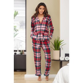 Alexander Del Rossa Women's Soft Warm Fleece Pajamas Plush Lounge Set, Long Sleeve Top and Pants, PJ Red Christmas Plaid Medium (A0324W72MD)