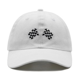 Wodeal Racing Car Flag Hat for Men Women, Adjustable Embroidered Washed Race Car Baseball Cap White