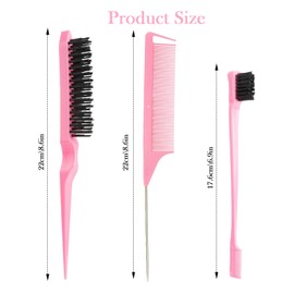 3 Pcs Hair Styling Brush Set - Double Sided Edge Control Brush, Rat Tail Comb & Bristle Hair Brush for Home, Salon, and Travel (Pink)