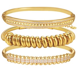 hotoo Gold Stackable Bangle Bracelets For Women 18K Gold Plated Beads Chain Bracelets Stainless Steel Bangle Bracelets Set Cubic Zirconia For Birthday Christmas Trendy Jewelry Gifts,3PCS