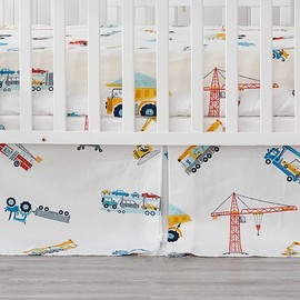 Brandream Fitted Crib Sheets Boys Construction Truck Baby Nursery Toddler Sheets Cotton Car Vehicle Carriage Excavator Design Blue White Yellow Red