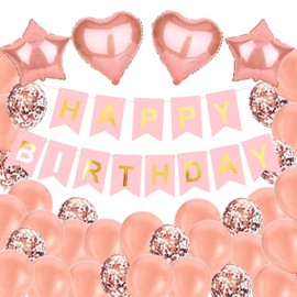 Rose Gold Birthday Decorations Happy Birthday Banner with Foil Heart Star Confetti Balloons Happy Birthday Party Decorations for Girls Women Princess
