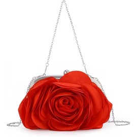 Women Evening Bag Floral Satin Clutch Purses with Chain Rose Pattern Purse Party Prom Handbags, Red