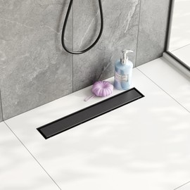 Neodrain 18-Inch Linear Shower Drain,with 2-in-1 Flat & Tile Insert Shiny Black Cover, Rectangle Shower Floor Drain, Linear Drain with Adjustable Leveling Feet, Hair Strainer