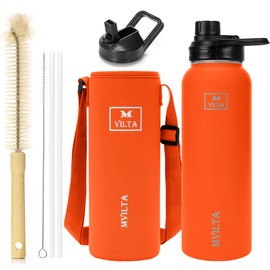 Mvilta Insulated Stainless Steel Water Bottle-Double Walled Vacuum Reusable Sports Water Bottle With Free Bottle Accessories - Ice: Up to 24 Hrs. Hot: Up to 12 Hrs. 40oz Fire Orange
