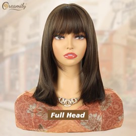 Creamily Brown Bob Wigs for Women Shoulder Length Synthetic Wig with Fringe Bangs High Heat Resistant Wig for Cosplay Party Daily Use 14 Inches
