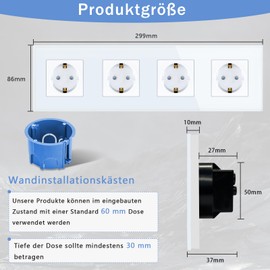 TAWOIA TAWOIA Schuko Steckdose,EU-Standard 4 Fach Steckdose Glas Unterputz Steckdose,Steckdosen mit Kristall Glas Platte Wandsteckdosen Wei? 86 * 299mm