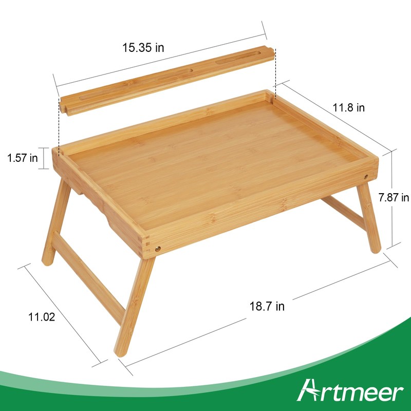 Bed Tray Table with Handles Folding Legs, Bamboo Breakfast Food