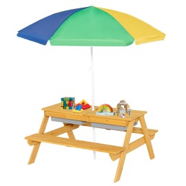 UJOYPAYD 3-in-1 Picnic Table,Sand and Water Table with Height Adjustable Umbrella,Removable Tabletop, Kids Outdoor Tables & Chair Set, Picnic Table for Toddler, Patio, Backyard (Yellow & Green & Blue)