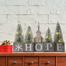 Haute Decor Christmas LED Pre-Lit Tabletop Decorative Wood Blocks (Hope) - Church and Pine Trees - Lighted with Automatic On-Off Timer