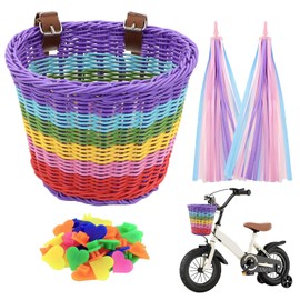 Children's Front Bicycle Basket, Removable Braided Bicycle Basket with Spoke Beads and Handlebar Fringes, Children's Bicycle Accessories for Children's Bicycles, Children's Tricycles, Children's