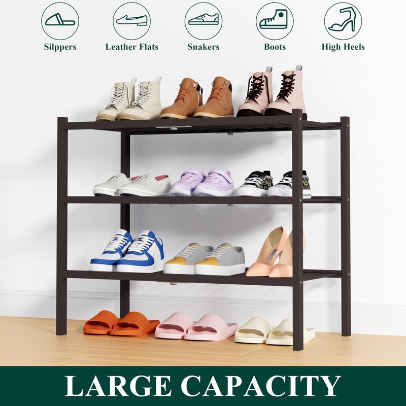 Smiry Shoe Rack, 3 Tier Thick Bamboo Shoe Organizer, Stackable