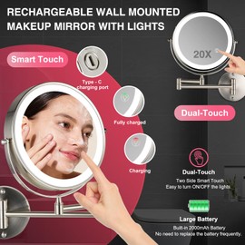 GREENFROM 8.5 Inch Magnifying Mirror with Lights, Wall Mounted Makeup Mirror, Dual-Sided 1X/20X, Bright LED Lighting, Space-Saving Design for Bathroom & Vanity, Brushed Nickel