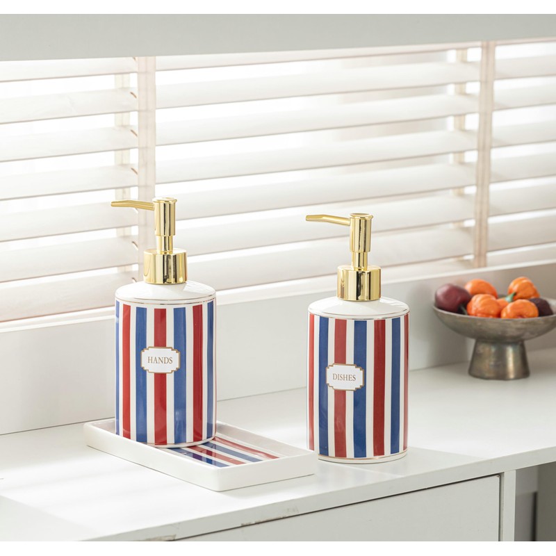 Patriotic Red, White & Blue Ceramic Soap Dispenser Set with
