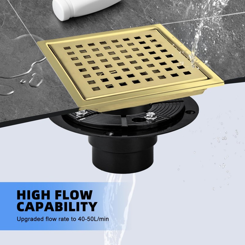 morefine Gold Shower Drain 6 inch with Flange, Square Shower
