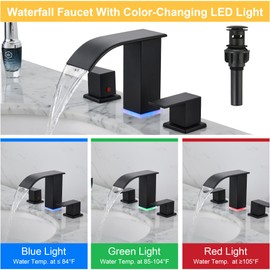 Bathroom Faucets 8 Inch Widespread Bathroom Sink Two Handles Matte Black Modern 3 Hole Waterfall Vanity Sink Faucet for 3 Hole with LED Light with Pop Up Drain