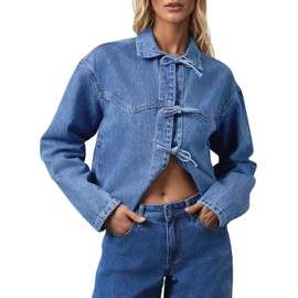 Tankaneo Womens Bow Tie Front Denim Jackets Cropped Oversized Casual Jean Shackets Y2k Lightweight Cute Coats