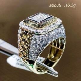 Men Ring 14K Gold Cluster Iced Out Lab Simulated Diamond Band Micropave Bling Ring for Women Mens Wedding Engagement RGold Plated Gemstone Square Cut Cubic Zirconia Eternity Ring(7-12)-10