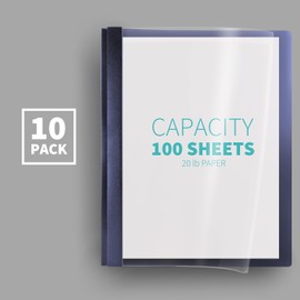 Binditek 10 Pack Clear Front Report Covers with 3 Prongs, Heavyduty, 100 Sheet Capacity, Plastic Report Folder with Navy Back Covers, 3 Metal Prongs Fasteners, for Letter Size, Office Supplies