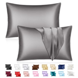 Mulberry Satin Silk Pillowcase for Hair and Skin - Soft Breathable Smooth Both Sided Silk Pillow Cover Pair - Standard Size 50x75cm, 2pc (Dark Gray Pillow)