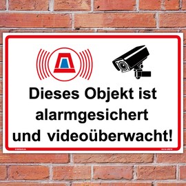 Sign "Objekt alarmgesichert und videoüberwacht" Sign 300 x 200 mm Landscape Format Sturdy Aluminium Composite Panel 3 mm Thick