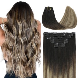 VINBAO Clip in Hair Extensions Human Hair 18 Inch Remy Balayage Black Ombre Dark Brown with Caramel Brown Clip in Hair Extensions Easy to Install 160g 7 Pieces (7C#1B/4/27-18Inch)