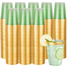 Supernal 100 Pack Green Plastic Cups - 10 Oz Clear Green Plastic Disposable Cups with Gold Trim,Heavy Duty & BPA-free for Wedding,Cocktail,Birthday,Party & Elegant Events,Disposable Cocktail Glasses