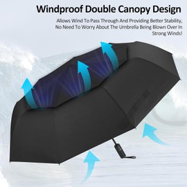 annstar Compact Umbrella Windproof Strong - Double Canopy, Light Weight, Automatic, Durable and Portable - Wind Resistant, Small Folding Backpack Umbrella for Rain - Men and Women