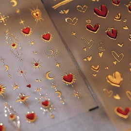 5D Embossed Heart Nail Stickers for Nail Art Gold Red Heart Star Moon Nail Art Stickers Self Adhesive Valentine's Day Nail Decals Golden Heart Nail Design Nail Supplies for Women Holiday Nail Decor