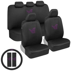 BDK Purple Butterflies Car Seat Covers for Women, Full Set with Steering Wheel Cover and Seat Belt Pads – Front and Rear Seat Covers for Cars with Matching Accessories, Fits Most Car Truck Van SUV