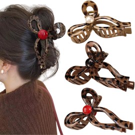 Rannyrena Elegant Large Pearl Crystal Butterfly Claw Clip for Women Thin Thick Curly Hair Cute Leopard Print Bow Strong Hold Hair Accessories (Medium leopard print bow clips (Pack of 3))