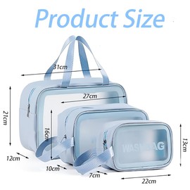 Pack of 3 Transparent Toiletry Bag, Toiletry Organizer Wet Dry Tote Bag, Large Capacity Wash Bag with Handle, Blue