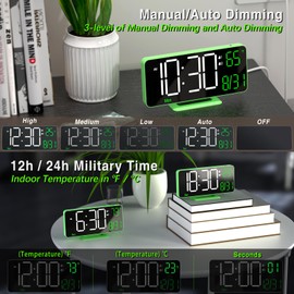 KOSUMOSU Small Digital Clock, 6.7in Alarm Clocks for Bedrooms, Auto Dimming, Room Temperature, Day of The Week, Seconds, Date, Desk Clock for Bedroom, Digital Clocks for Living Room