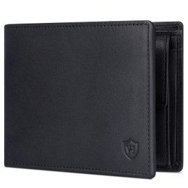 VON HEESEN Men's Leather Wallet with RFID Protection - Genuine Leather Wallet for Men - Women's Wallet, Black (Waxy), landscape large (trifold)