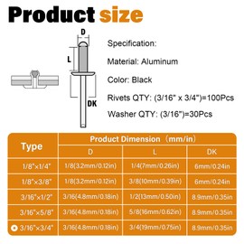 JTAREA 130pcs 3/16" x 3/4" Black Aluminum Pop Rivets with Stainless Steel Washers 4.8 x 20mm Blind Rivet Assortment Kit