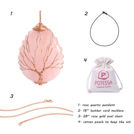 POTESSA Healing Crystal Rose Quartz Necklace Natural Gemstone Stone Pendant Leather Rope Reiki Quartz Jewelry for Men Women