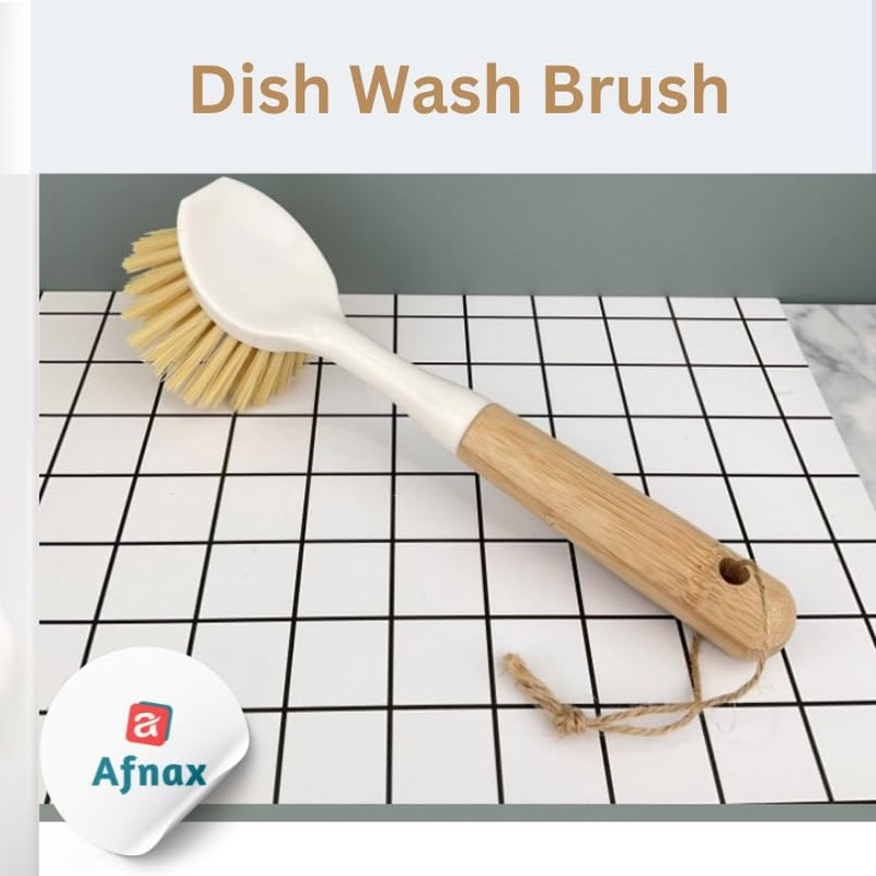 Afnax Dish Cleaning Brush with Handle Built in Scraper, Bamboo