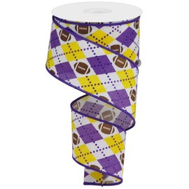 VergentaStore | 2.5" Purple Yellow Argyle Football Ribbon RGA137623, Wired, 10yds, Canvas