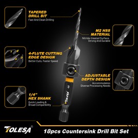TOLESA Countersink Drill Bit Set, 18 PCS Tapered Counter Sink Drill Bit for Wood with 2PC Wood Plug Cutters, Magnetic Extension Bit Holder, Screwdriver Bits, 1/4" Hex Shank with Storage Box