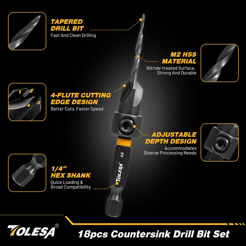 TOLESA Countersink Drill Bit Set, 18 PCS Tapered Counter Sink