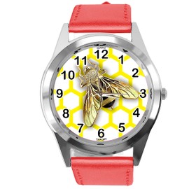 TAPORT RED Leather Round Quartz Watch for BEE Fans